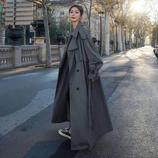 Korean Style Loose Oversized X-Long Women’s Trench Coat Double-Breasted Belted Lady Cloak Windbreaker Spring Fall Outerwear Grey Coats & Jackets Women's Fashion
