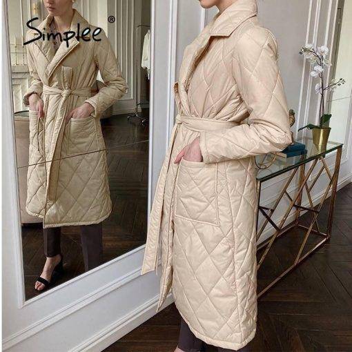 Simplee Long straight winter coat with rhombus pattern Casual sashes women parkas Deep pockets tailored collar stylish outerwear Coats & Jackets Women's Fashion