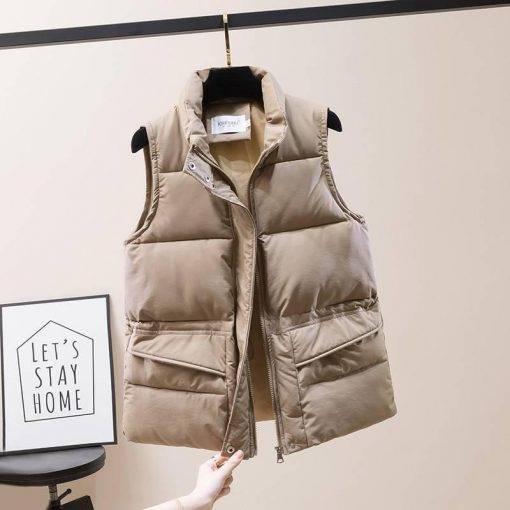 Solid Short Style Vest for Women Cotton Padded Women’s Winter Sleeveless Jacket with Zipper Stand Collar Casual Coats Coats & Jackets Women's Fashion